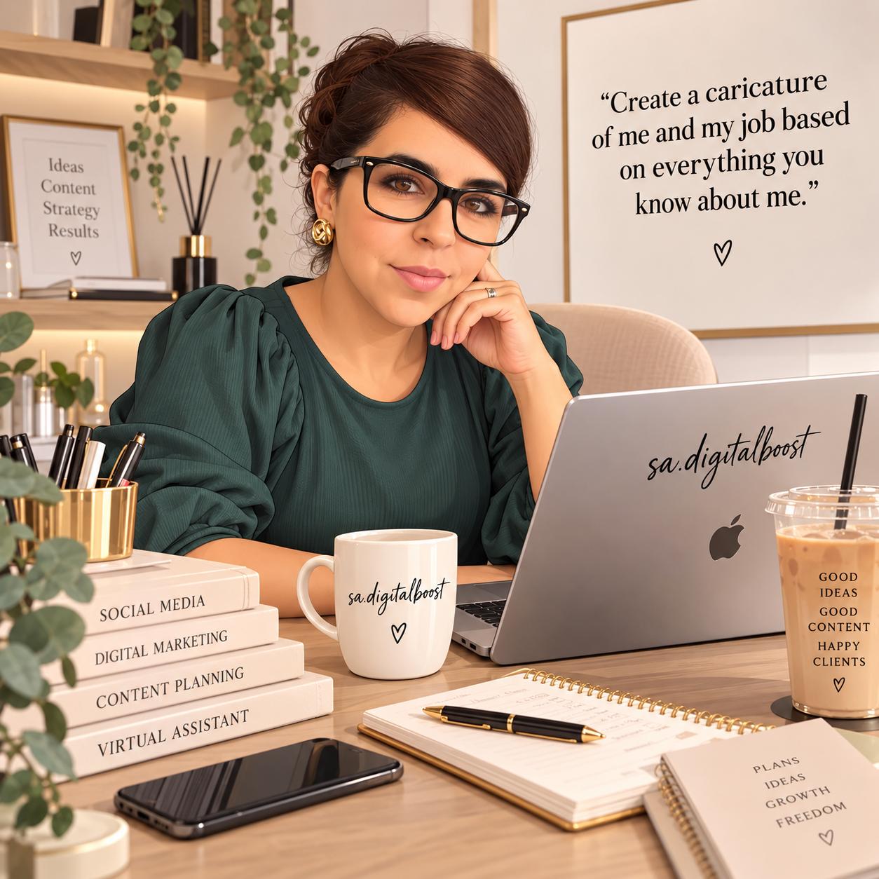 Illustratie van Sohela aan haar werkplek voor sa.digitalboost